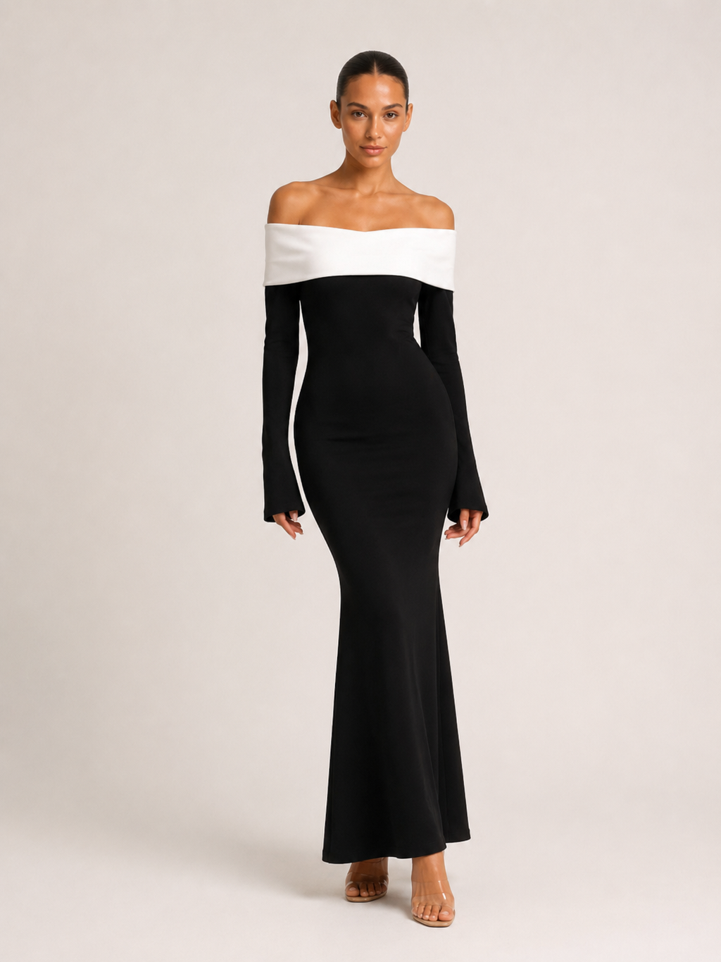Amara Off-Shoulder Maxikleid – Schwarz/Weiß