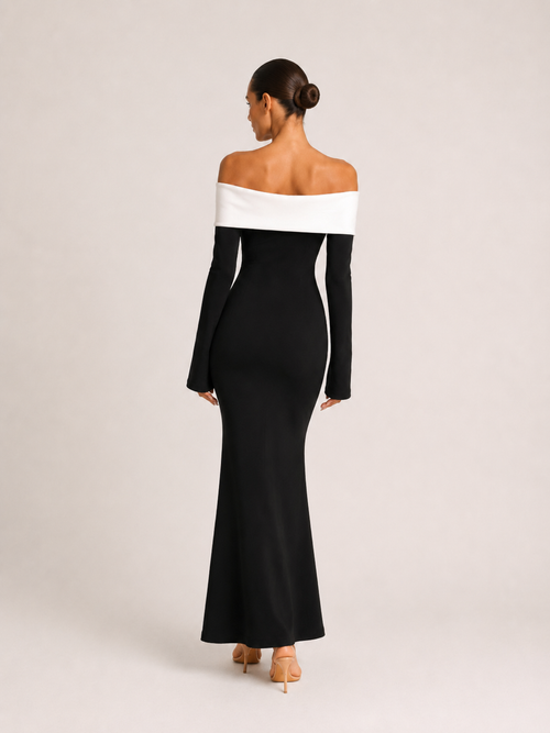 Amara Off-Shoulder Maxikleid – Schwarz/Weiß